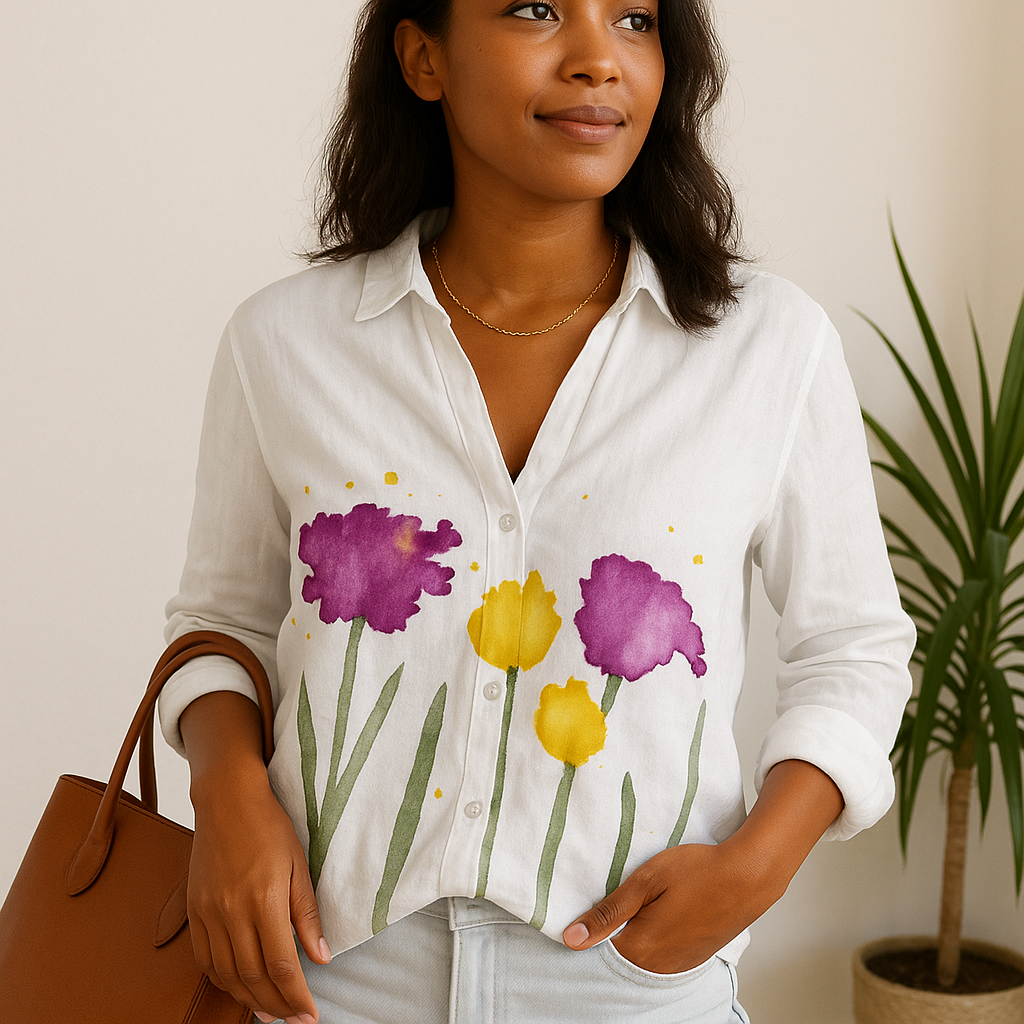 Camisa de mujer con cuello en V y estampado floral y manga larga