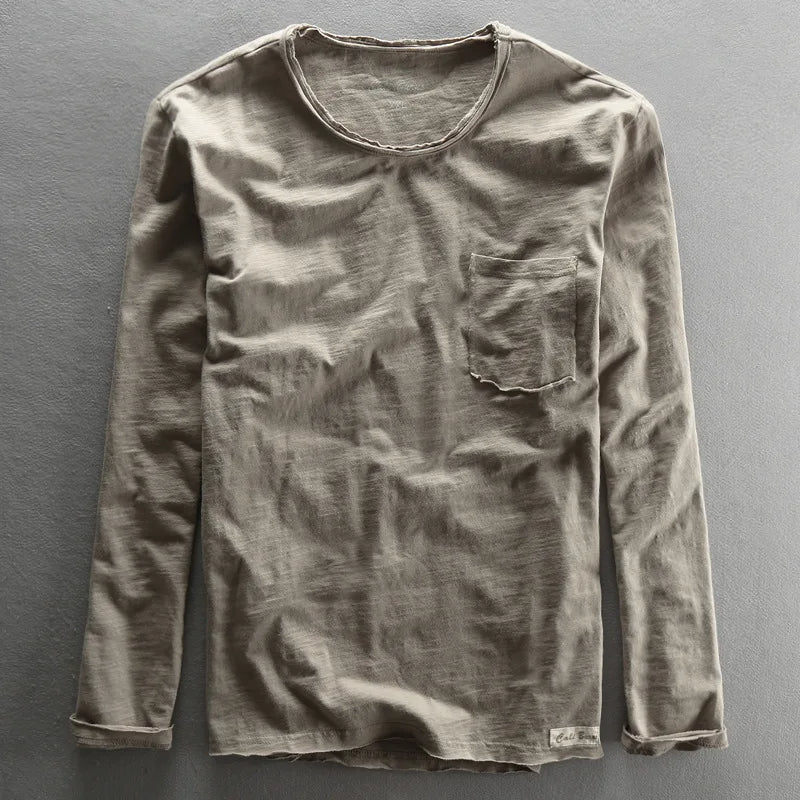 Camiseta vintage de algodón de manga larga con cuello redondo