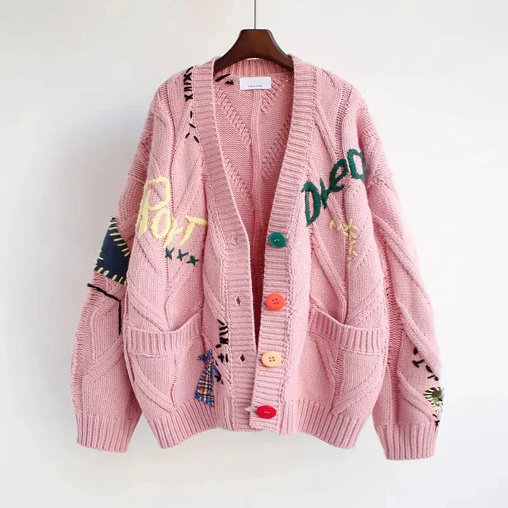 Cárdigan de punto con cuello en V para mujer y bordado de patchwork