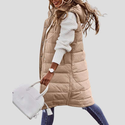 Chaleco largo con capucha para mujer