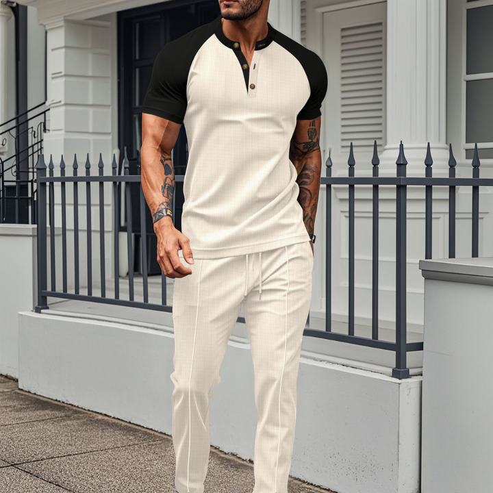 Conjunto de Lounge de Camisa de Botón para Hombres y Pantalones Largos de Gofre
