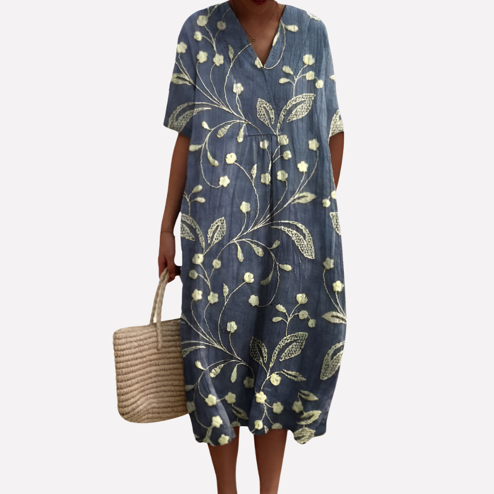 Vestido Floral de Verano para Mujeres – Cuello en V y Mangas Cortas