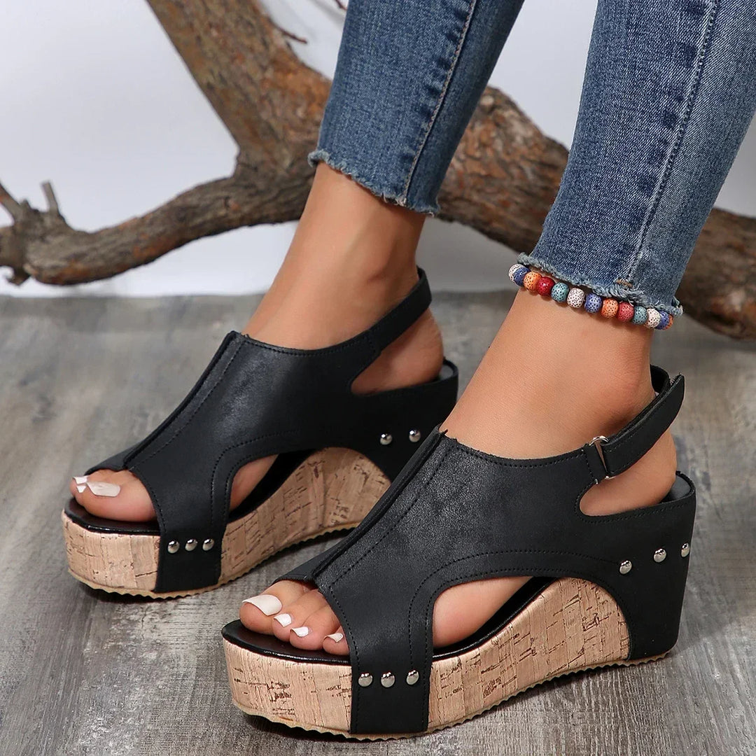 Sandalias de cuña con puntera abierta y lazo cruzado: elegancia refinada con comodidad para el día a día