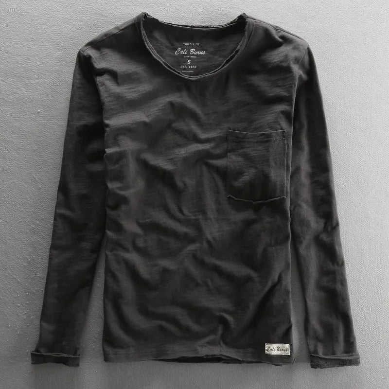 Camiseta vintage de algodón de manga larga con cuello redondo