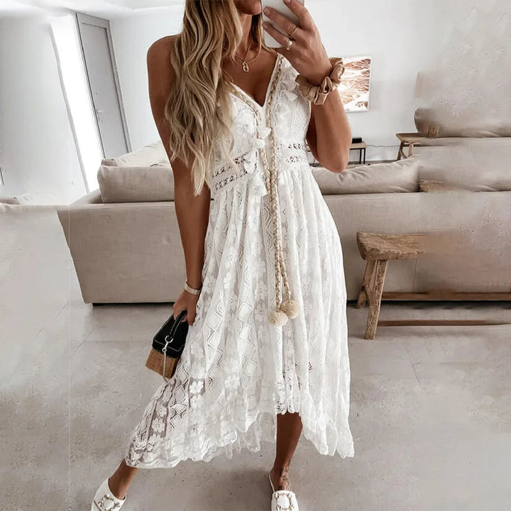 BreezeCharm – Vestido boho de encaje con lazo y borlas