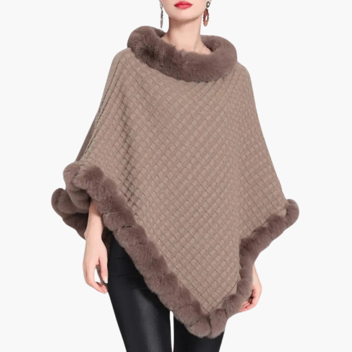 Poncho de Punto para Mujeres con Bordes de Piel Sintética y Ajuste Sobredimensionado