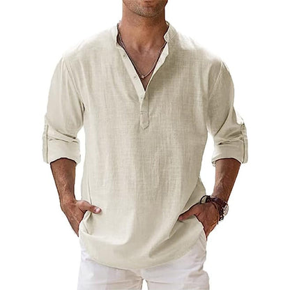 Camisa de Lino Estilo Henley para Hombre, Ideal para la Primavera y el Verano