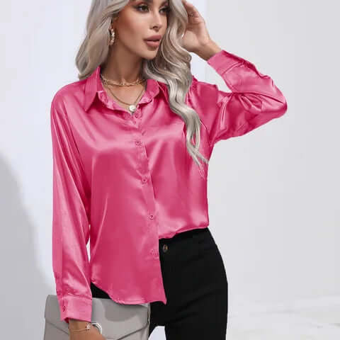 Blusa de Satín Suelta de Manga Larga para Mujer