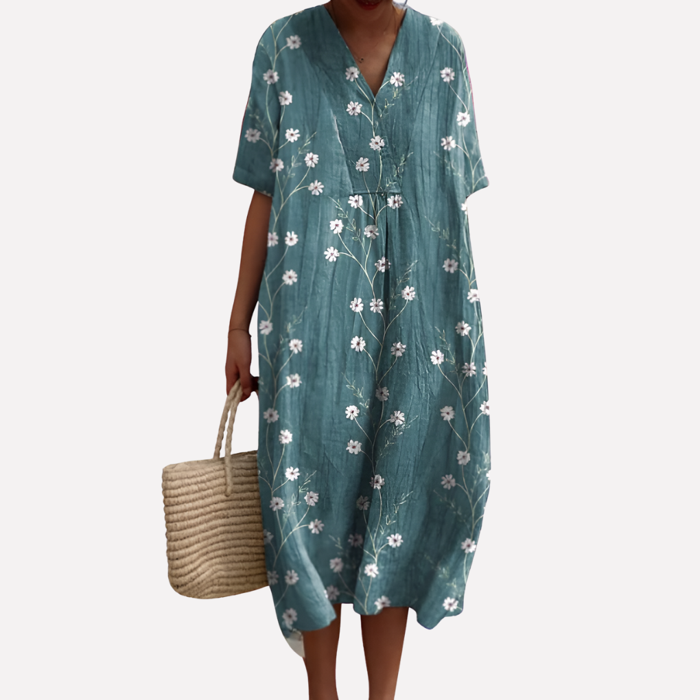 Vestido Floral de Verano para Mujeres – Cuello en V y Mangas Cortas