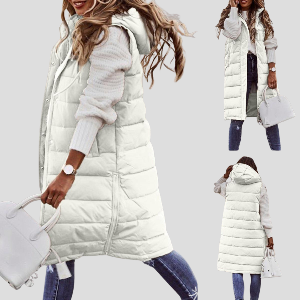 Chaleco largo con capucha para mujer