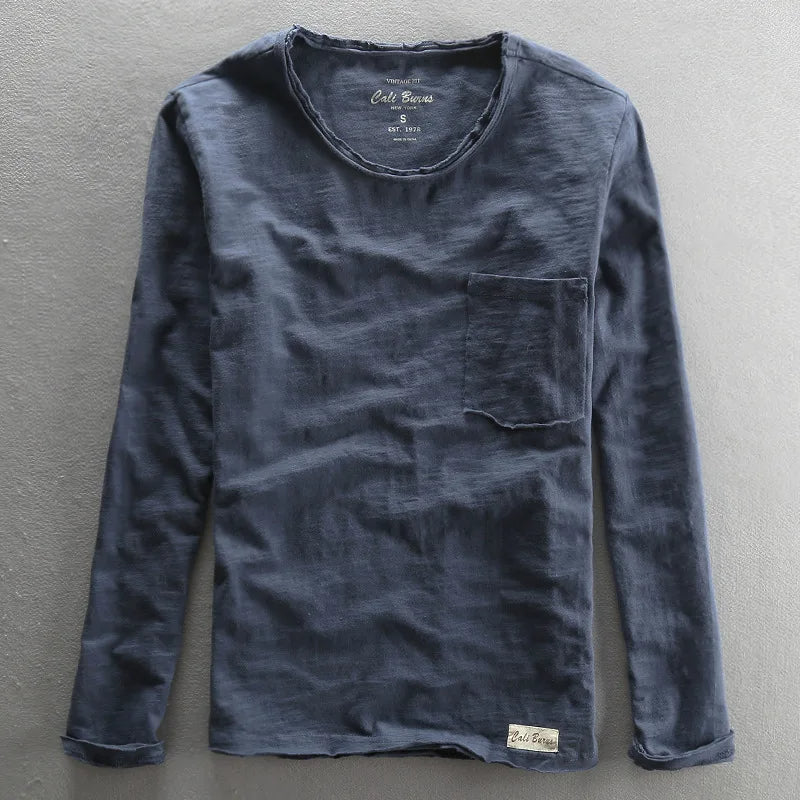Camiseta vintage de algodón de manga larga con cuello redondo