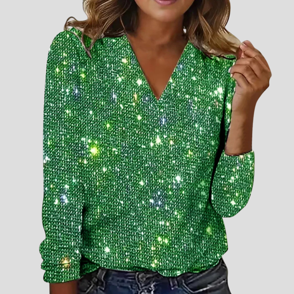 Elegante blusa de manga larga con cuello en V y purpurina