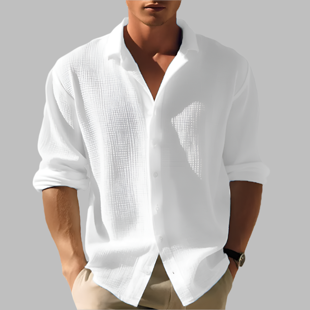 Camisa ligera de algodón y lino de color sólido para hombres