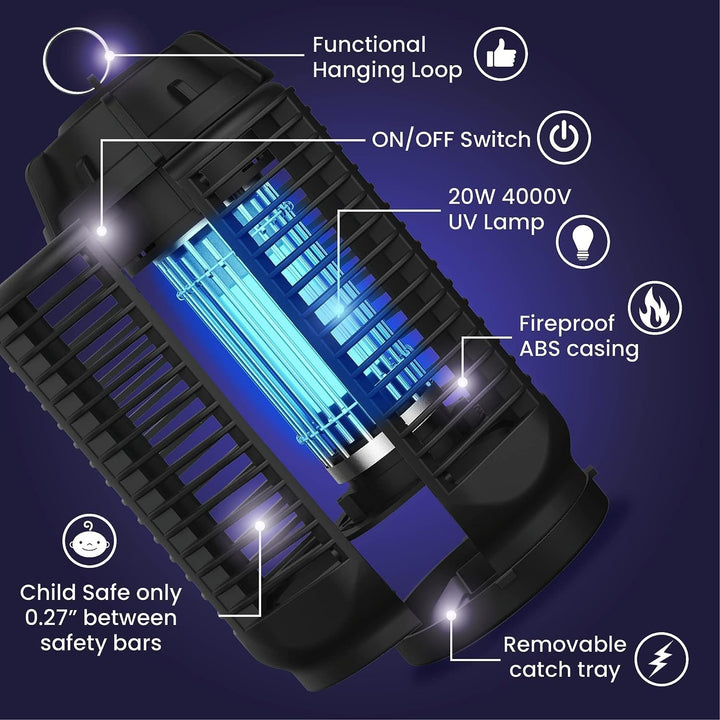 Asesino de insectos eléctrico con luz UV de 20W y 4200V de red, resistente al agua IPX4