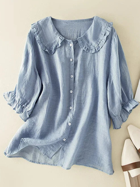Camisa de mujer de algodón y lino con cuello Peter Pan fruncido