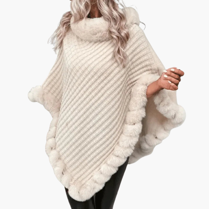 Poncho de Punto para Mujeres con Bordes de Piel Sintética y Ajuste Sobredimensionado