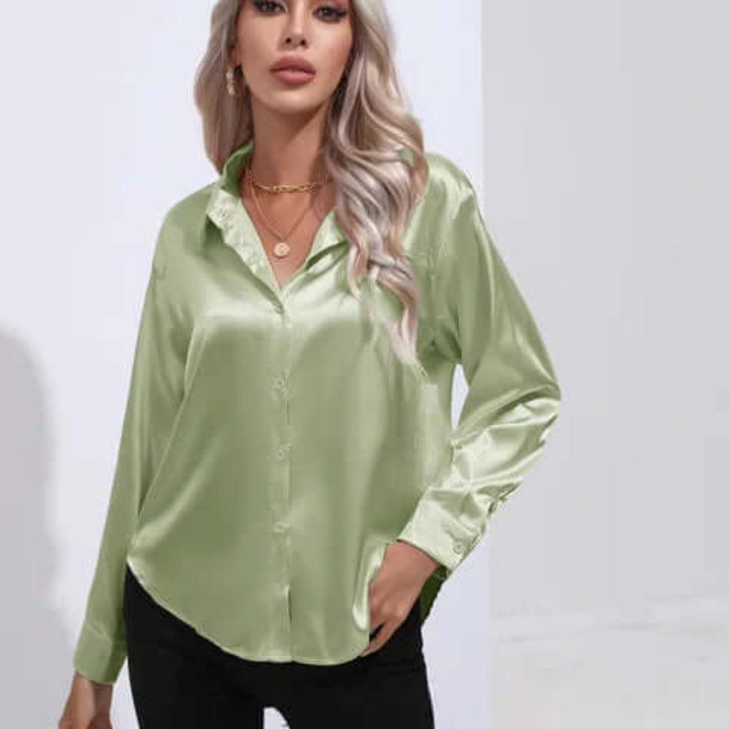 Blusa de Satín Suelta de Manga Larga para Mujer