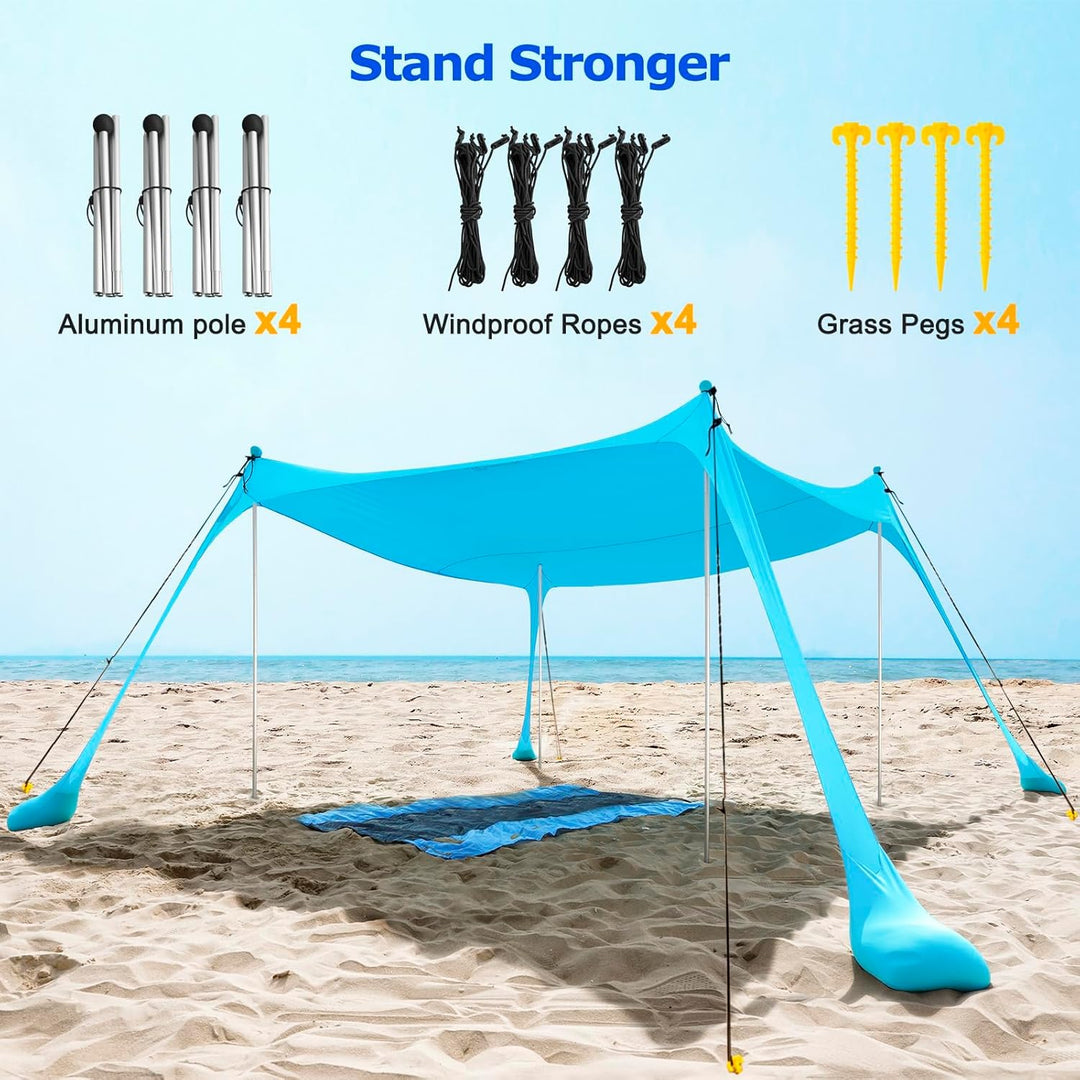 Tienda de playa familiar con polos de aluminio y anclajes de arena