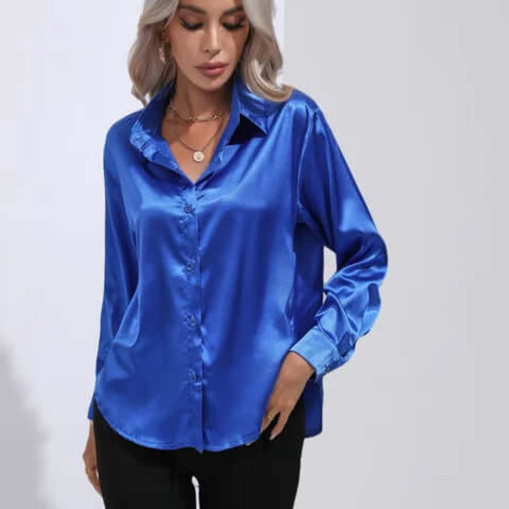 Blusa de Satín Suelta de Manga Larga para Mujer