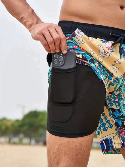 Shorts de baño para hombre con forro y bolsillo para teléfono