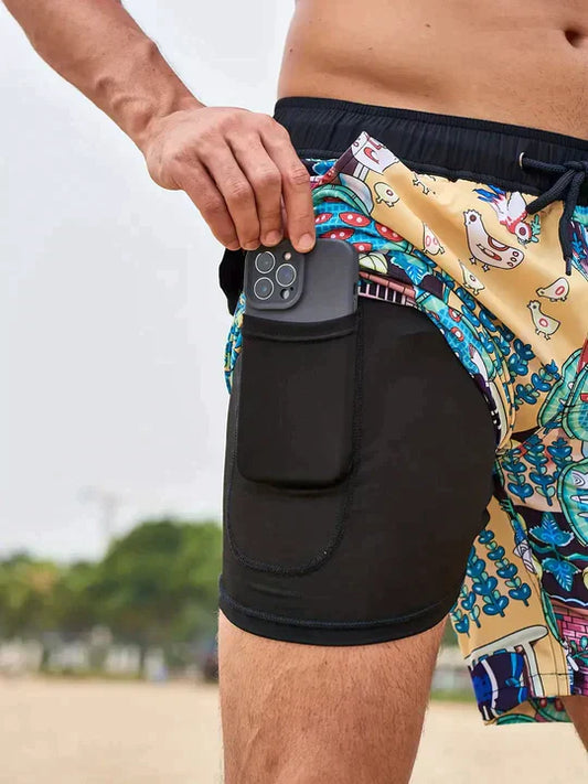Shorts de baño para hombre con forro y bolsillo para teléfono