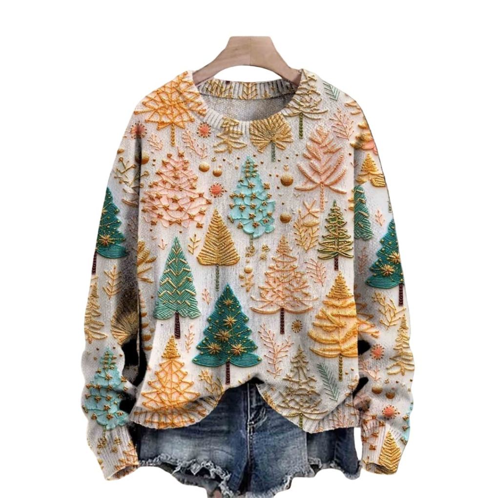 Suéter de Tricot para Mujer con Patrón de Árbol y Cuello Redondo