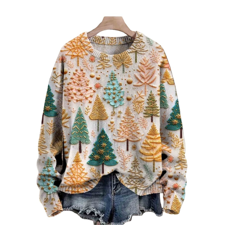 Suéter de Tricot para Mujer con Patrón de Árbol y Cuello Redondo