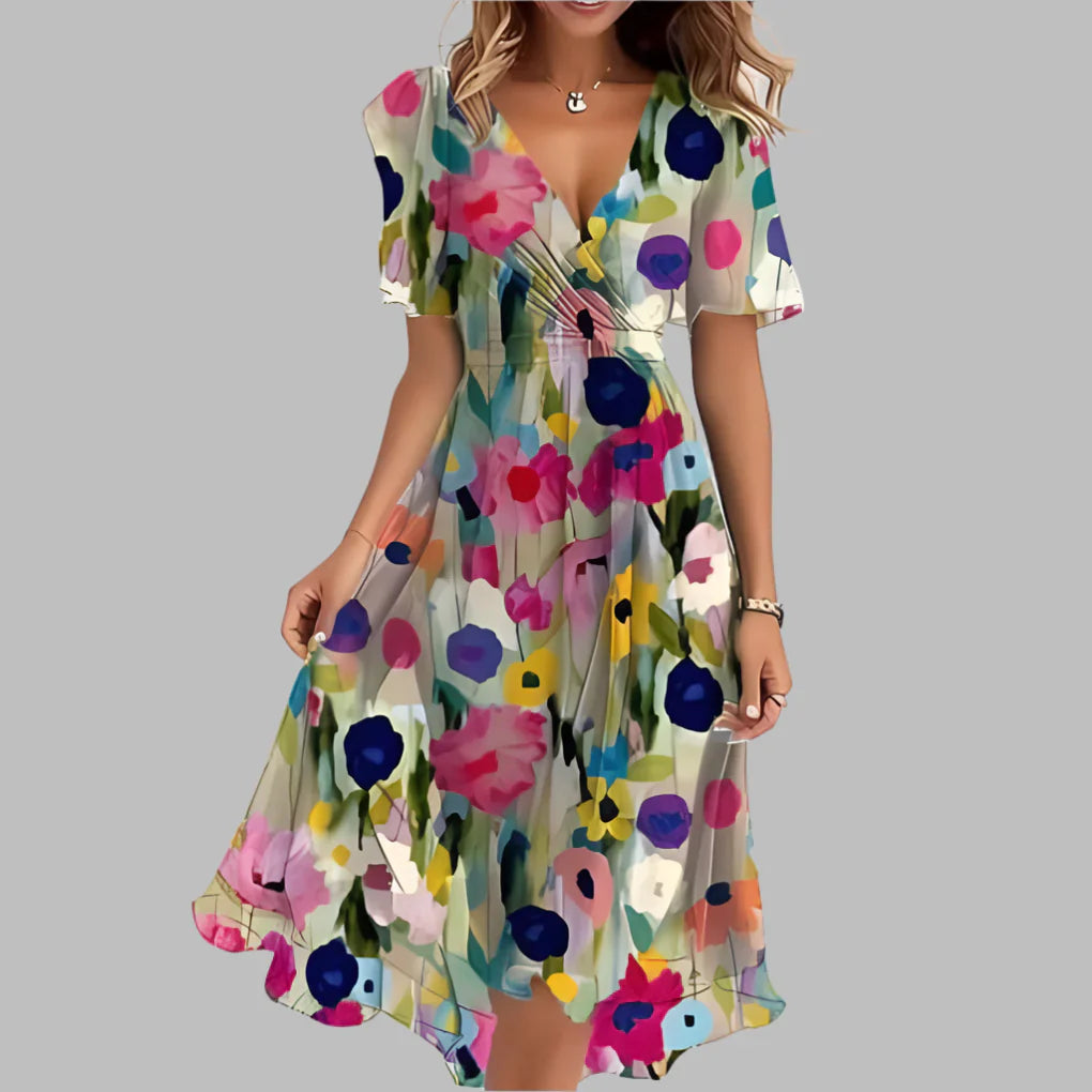 Vestido Midi Arrugado Floral Elegante para Mujeres