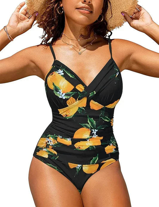 Traje de baño push-up con cuello en V para mujer.