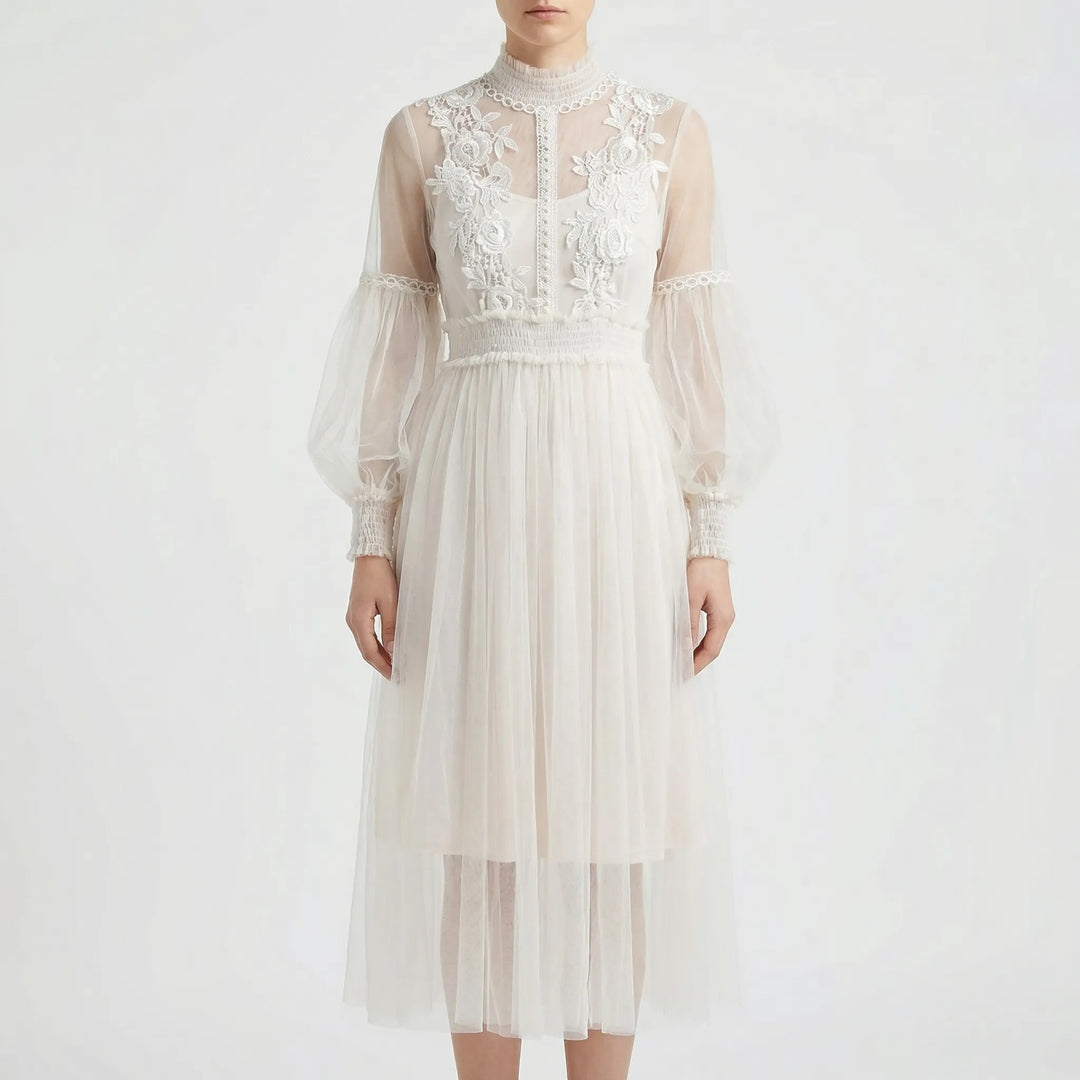 Blossamé - Vestido midi de malla con aplicaciones florales