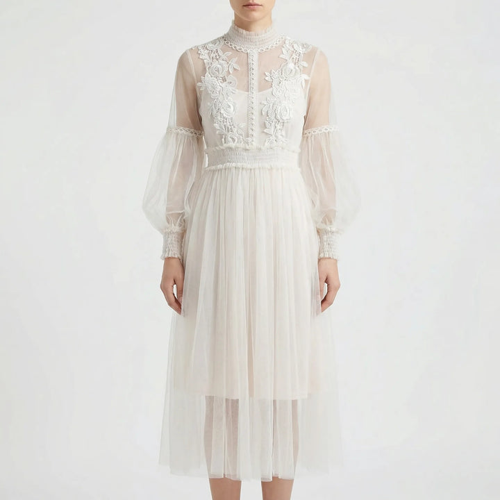 Blossamé - Vestido midi de malla con aplicaciones florales