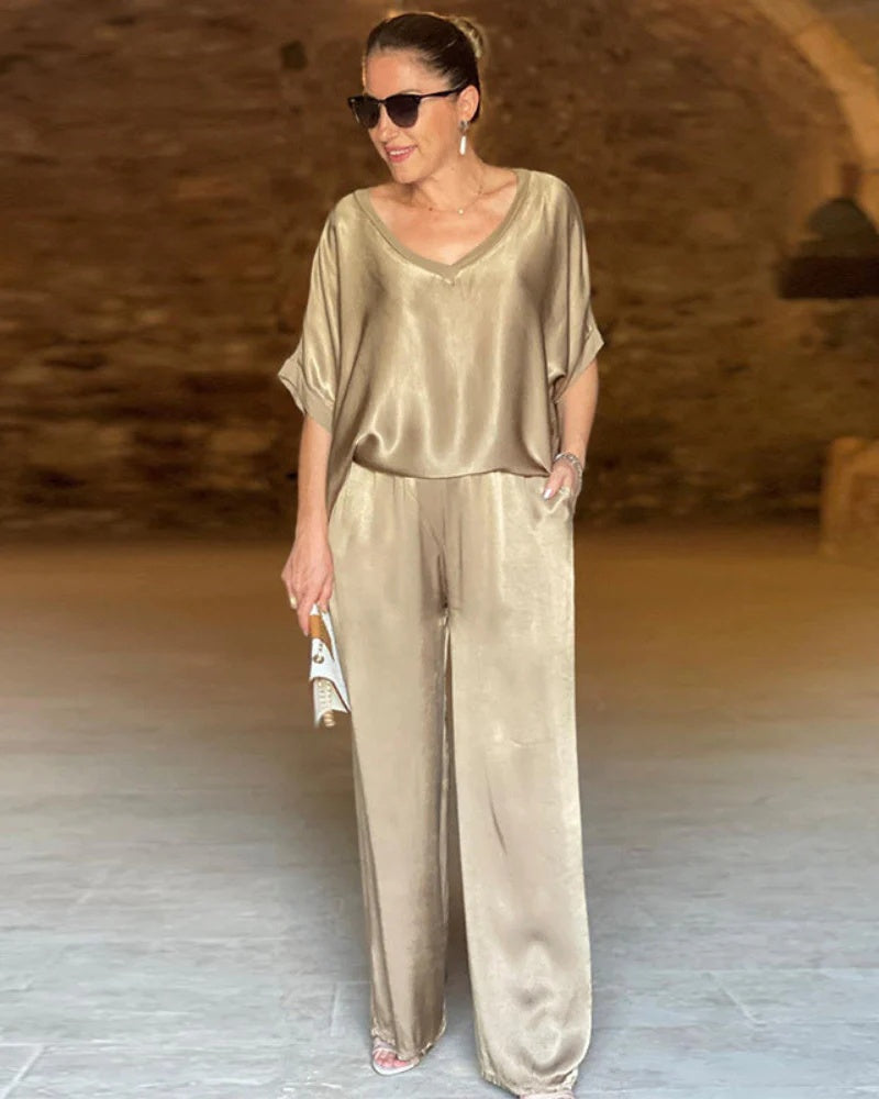 Elegante conjunto de dos piezas para mujer (top y pantalón)