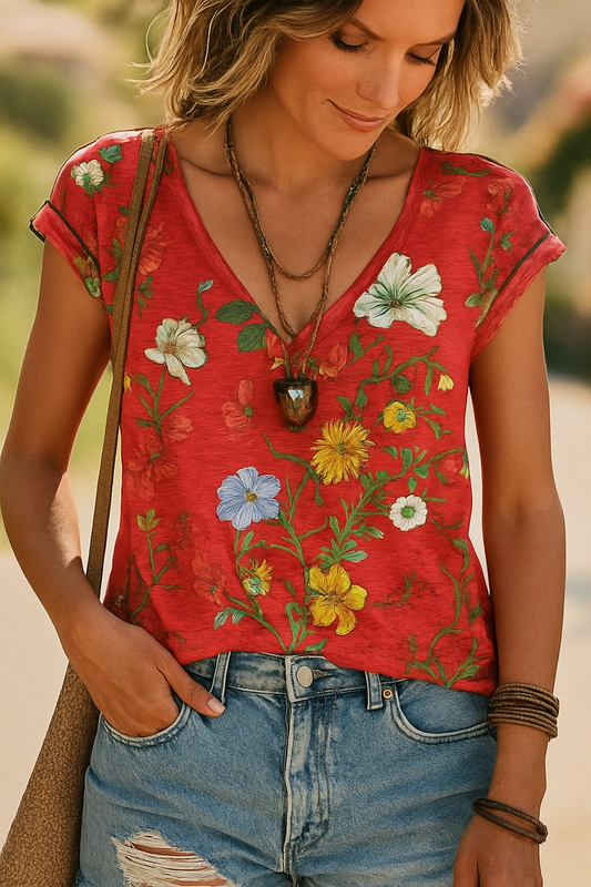 Camiseta Floral de Cuello en V para Mujer