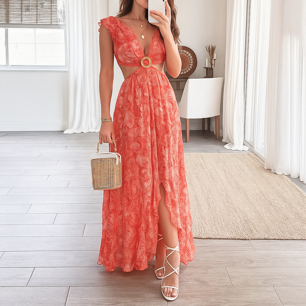 Vestido largo con cuello en V y estampado floral
