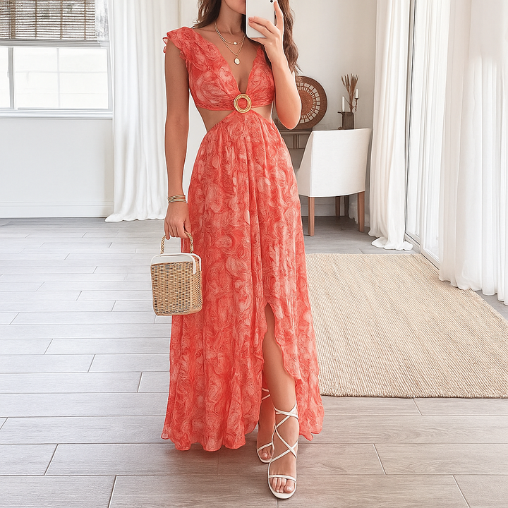 Vestido largo con cuello en V y estampado floral