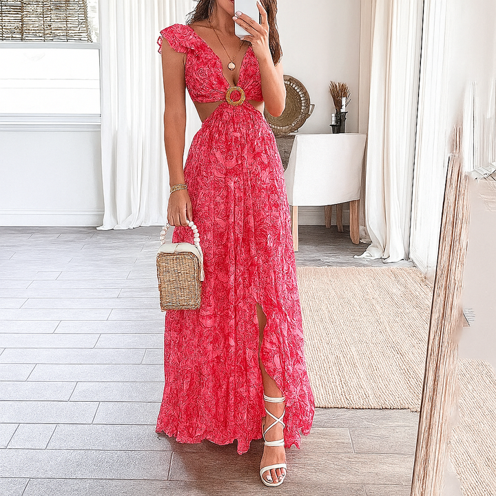 Vestido largo con cuello en V y estampado floral