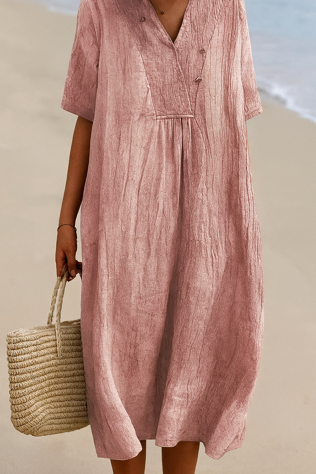 Vestido de playa holgado con cuello en V y mangas cortas