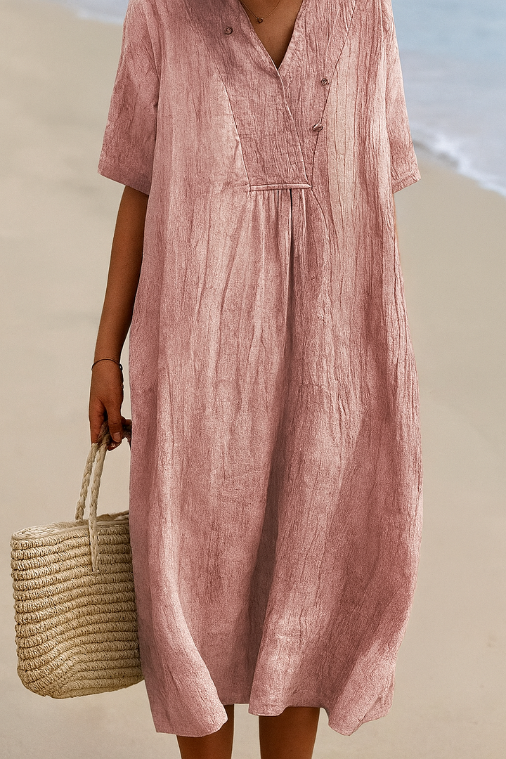 Vestido de playa holgado con cuello en V y mangas cortas