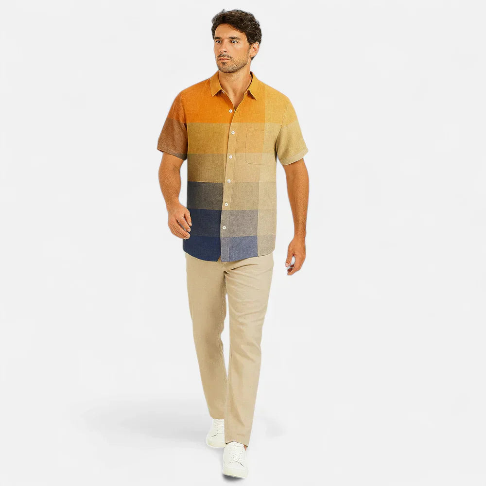 Camisa de Manga Corta con Imagen Artística Premium de Lino para Hombres