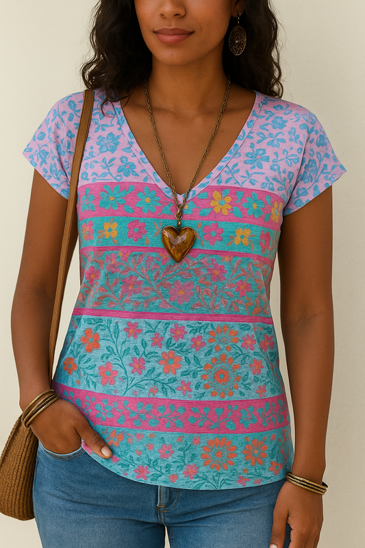 Camiseta de mujer con estampado floral y cuello en V