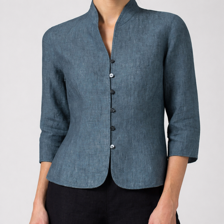 Blusa de Botón Delante con Cuello de Stand para Mujeres