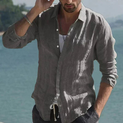 Camisa vintage de lino liso con cuello vuelto