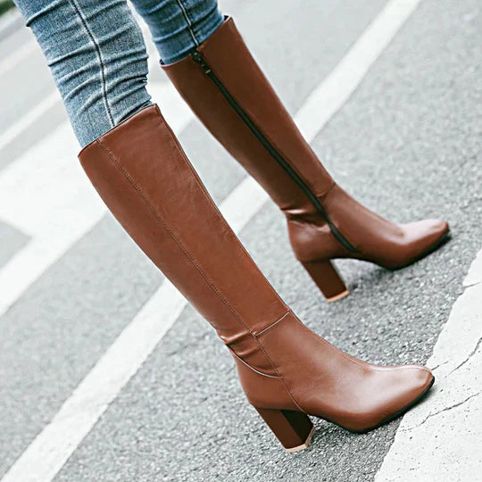 Botas de tacón hasta la rodilla con cremallera para mujer