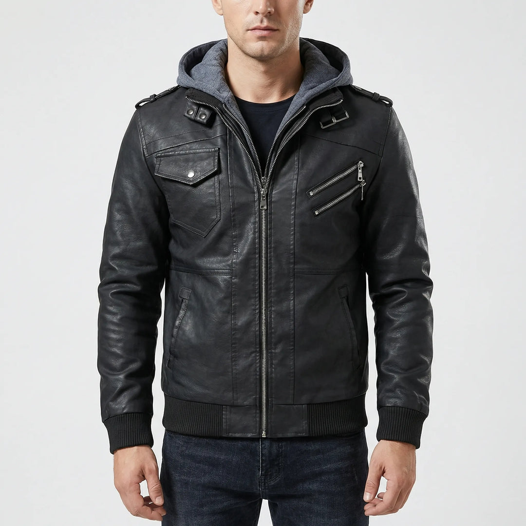 Duskero - Chaqueta bomber de cuero con capucha y cremallera