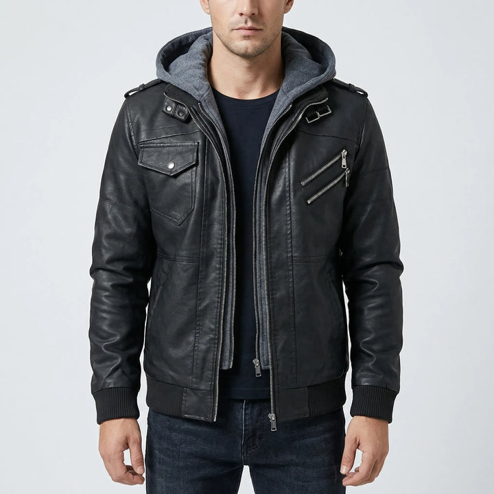 Duskero - Chaqueta bomber de cuero con capucha y cremallera