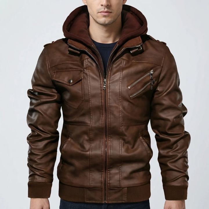 Duskero - Chaqueta bomber de cuero con capucha y cremallera