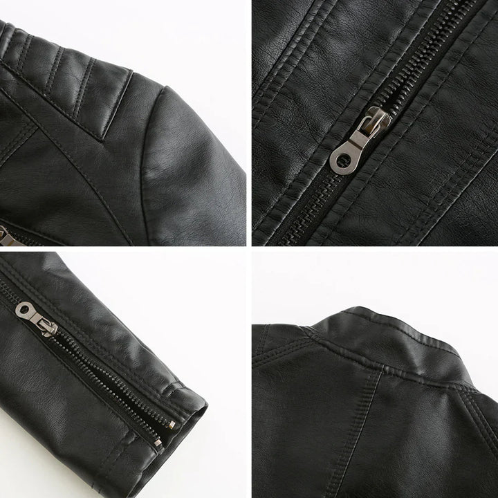 Elegante chaqueta de imitación de piel para mujer con diseño clásico de motera