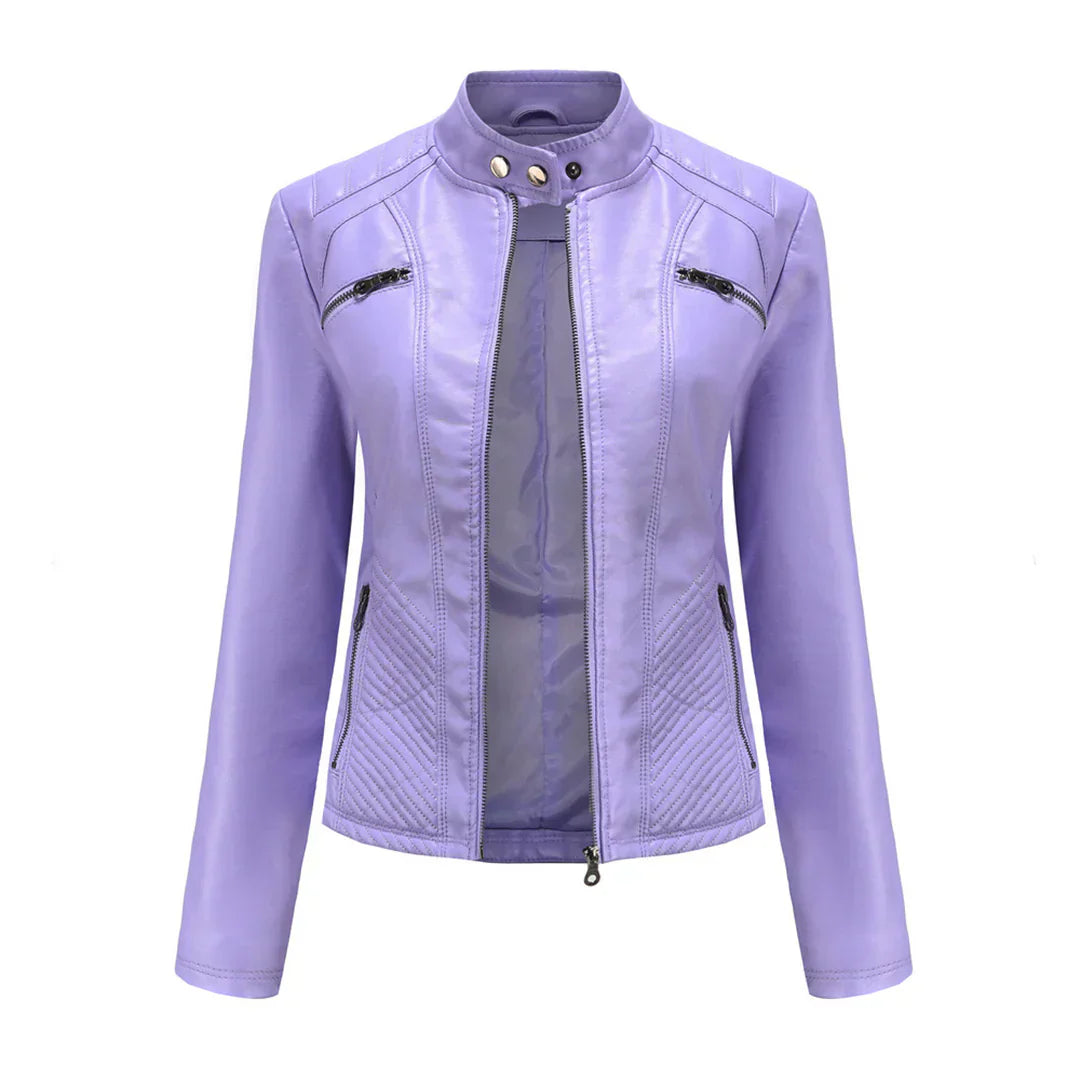 Elegante chaqueta de imitación de piel para mujer con diseño clásico de motera