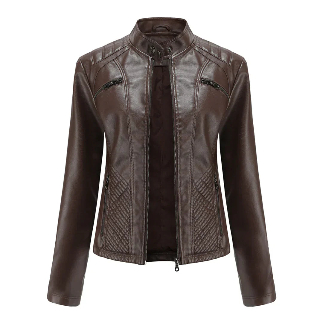 Elegante chaqueta de imitación de piel para mujer con diseño clásico de motera