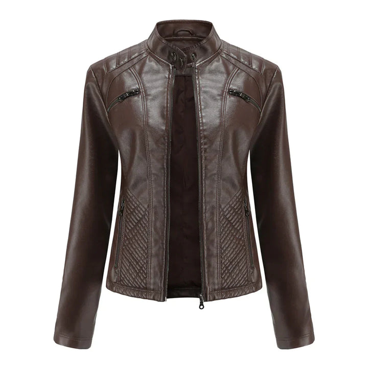 Elegante chaqueta de imitación de piel para mujer con diseño clásico de motera